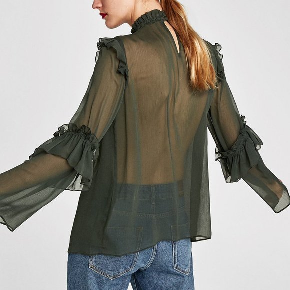 Forest green, sheer blouse - Picture 1 of 4